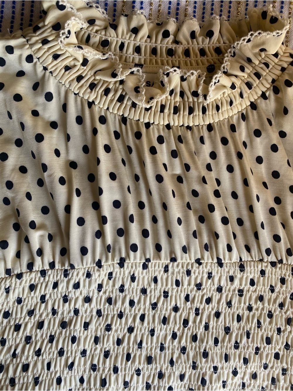 Sandro Racine smocked Polka Dot Beige Black Mock Neck Puff Sleeve Blouse size 4 - Picture 7 of 16